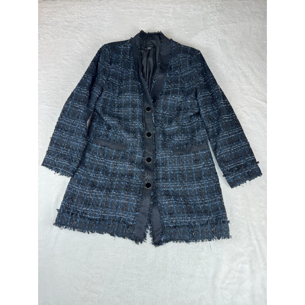 Ann Taylor Tweed Blazer Jacket Womens 10 Blue Black Fringe Detailed Button Front